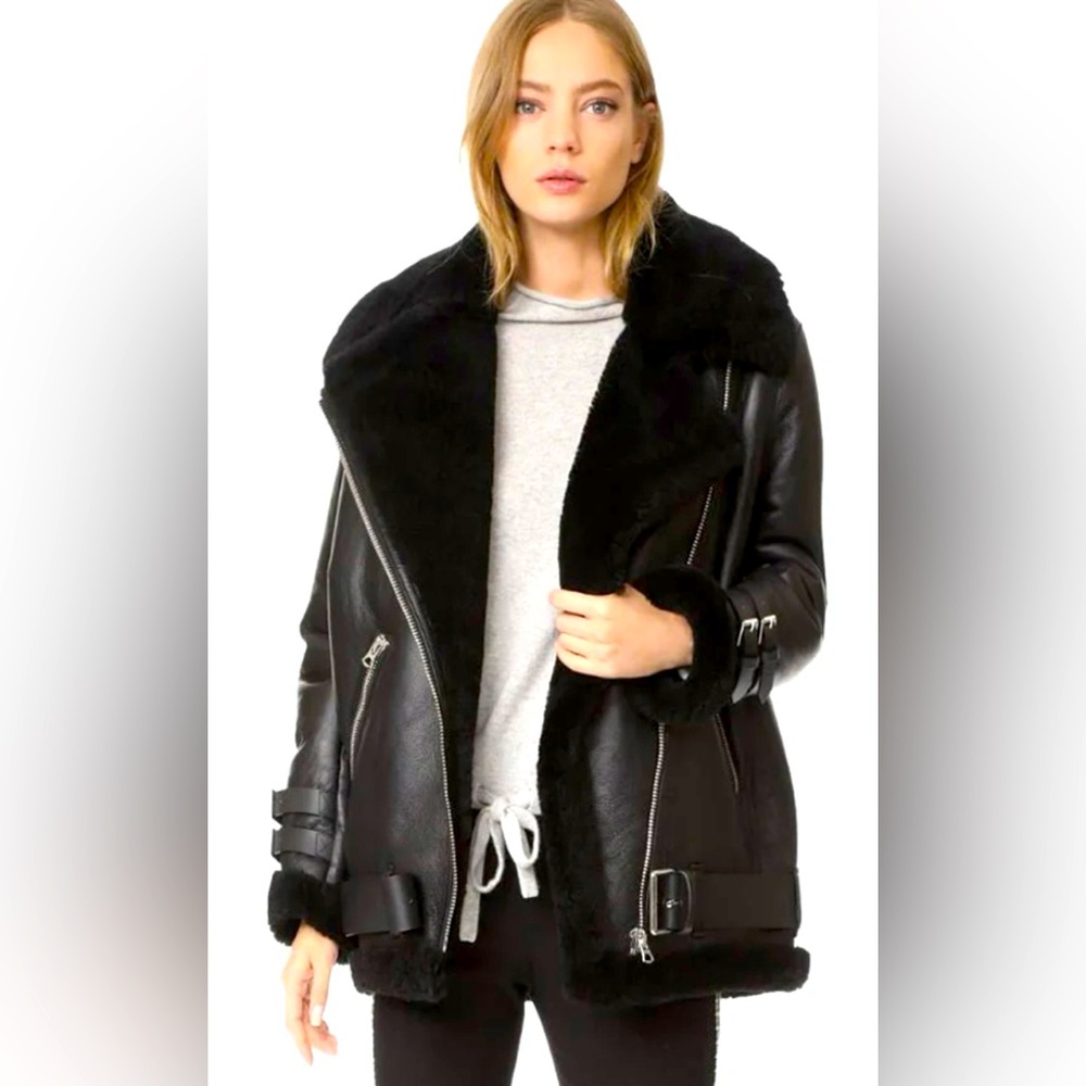 Custom - black - biker REAL high quality shearling leather jacket. XS - NEW